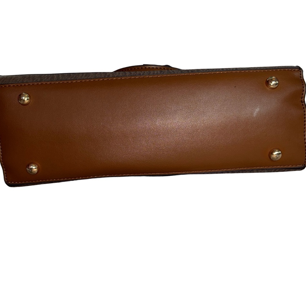 Adrienne Vittadini Chocolate Brown & Cognac Stripe Satchel w/ Gold Lock Detail - Picture 3 of 9